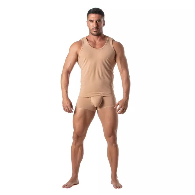 Men Wearing a Skin color Tanktop Beige