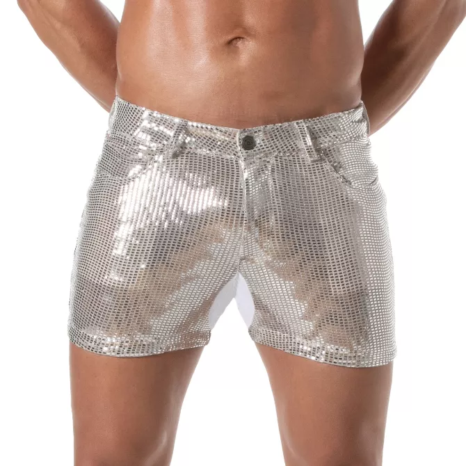 Men's Sexy Mid-Thigh Silver Glitter Shorts - TOF Paris
