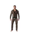Homme portant une Chemise à Manches Longues en Dentelle Pour Homme avec un pantalon Kimono en dentelle Noir
