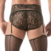 A Lace Garter belt Set with a Lace Mini brief Black From Back