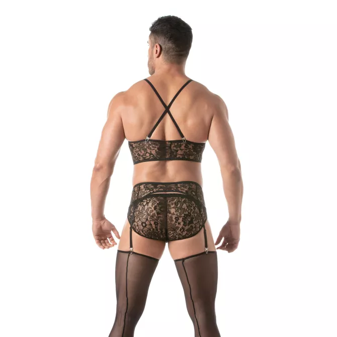 Bustier en Dentelle Porté avec un Minibrief en dentelle Noir de dos