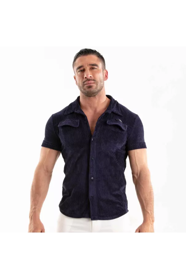 Chemise Tricotée En Velours Côtelé Bleu Marine