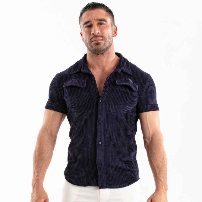 Chemise Tricotée En Velours Côtelé Bleu Marine