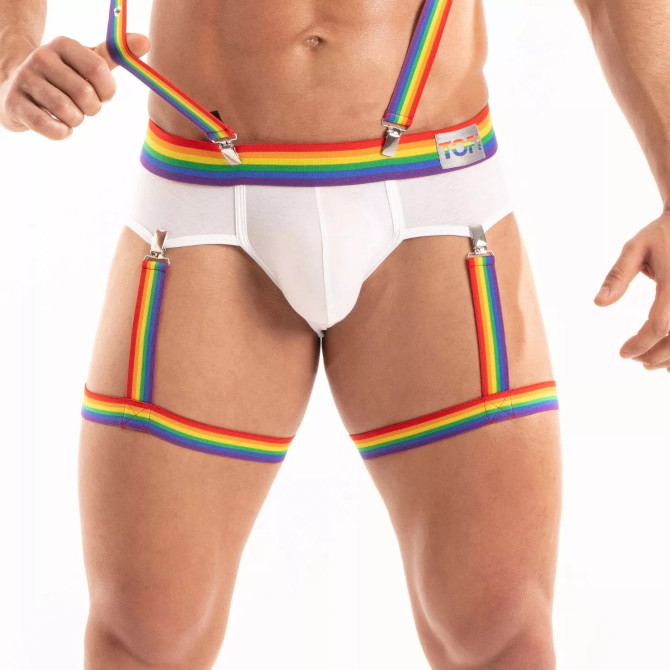 The Pride Leg Harness with a White Brief