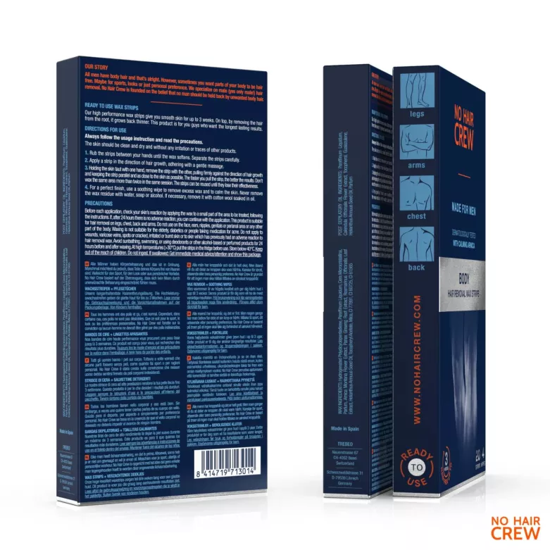 Body Wax Strips, 20 Strips & 4 Cleansing Wipes on the packaging