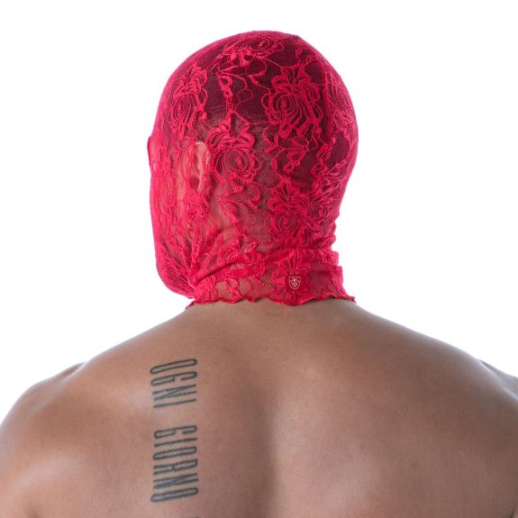 La nouvelle cagoule en dentelle fluide rouge de dos