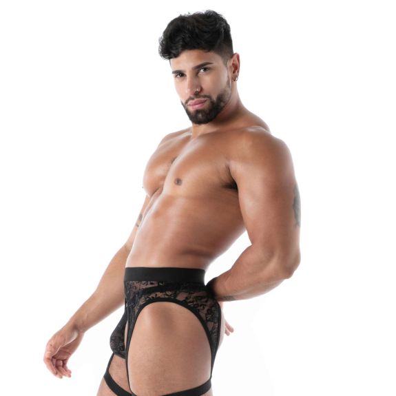porte-jarretelles en dentelle fluide noir de profil