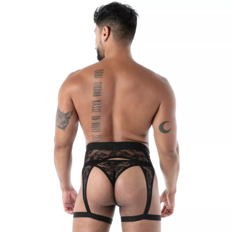The fluid lace garter strap black from back