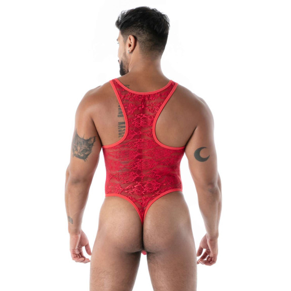 body string en dentelle rouge de dos