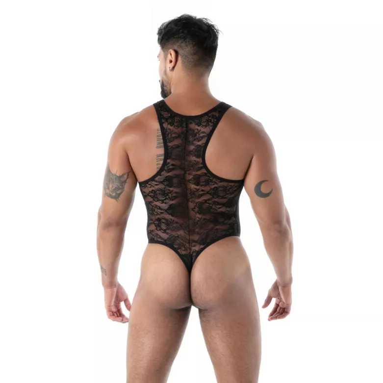The Fluid lace open bodythong black from back