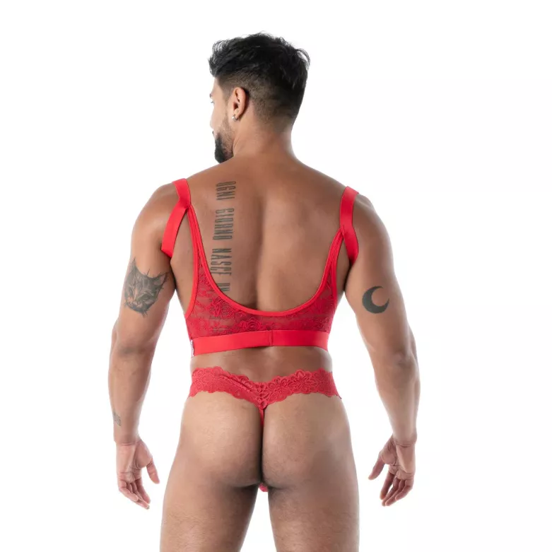 Le string ultra en dentelle fluide rouge pour homme