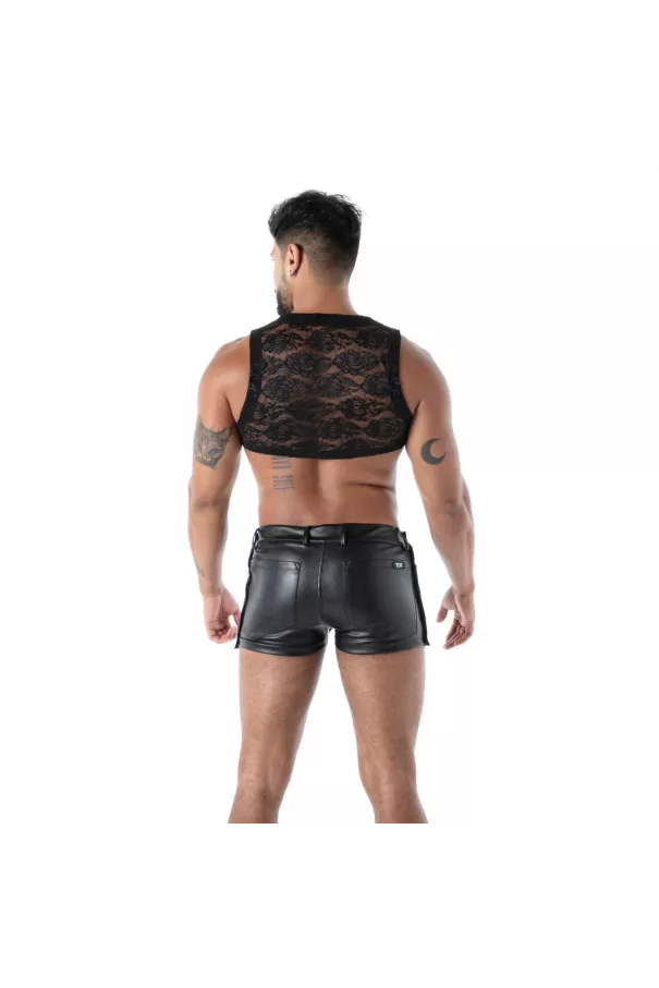 Le Crop top Zippé en Dentelle Fluide Noire Pour Hommes