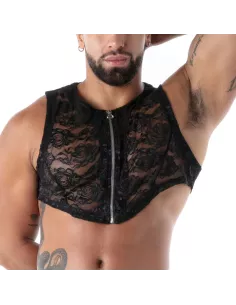 Vu de près du Crop top Zippé en Dentelle Fluide Noire