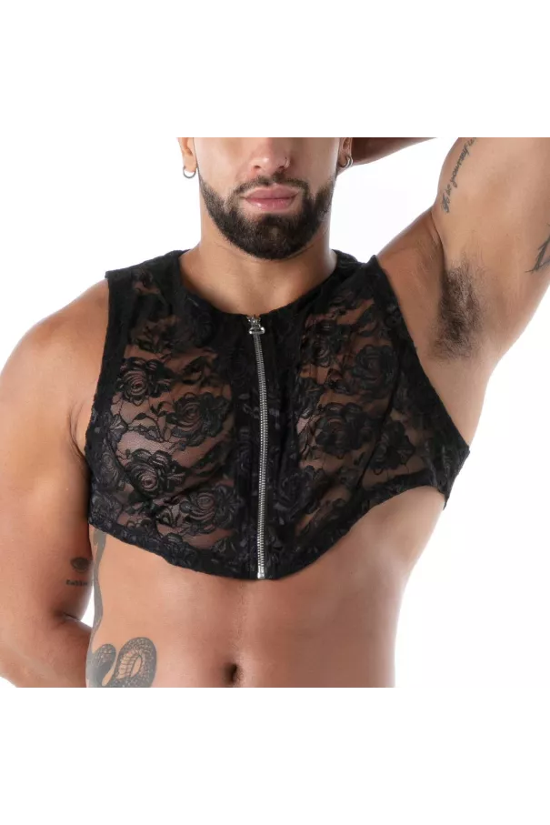 Vu de près du Crop top Zippé en Dentelle Fluide Noire