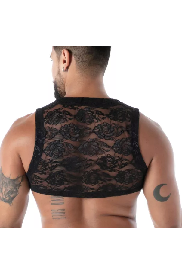 Vu de dos du Crop top Zippé en Dentelle Fluide Noire