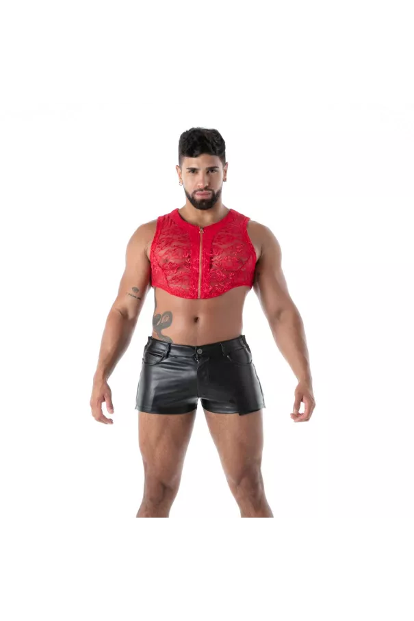 Crop Top Zippé en Dentelle Fluide Rouge