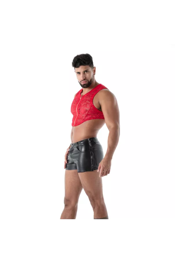 Crop Top Zippé en Dentelle Fluide Rouge