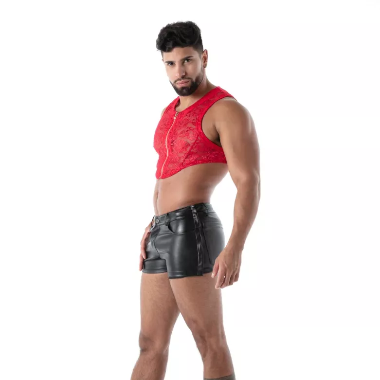 Crop Top Zippé en Dentelle Fluide Rouge