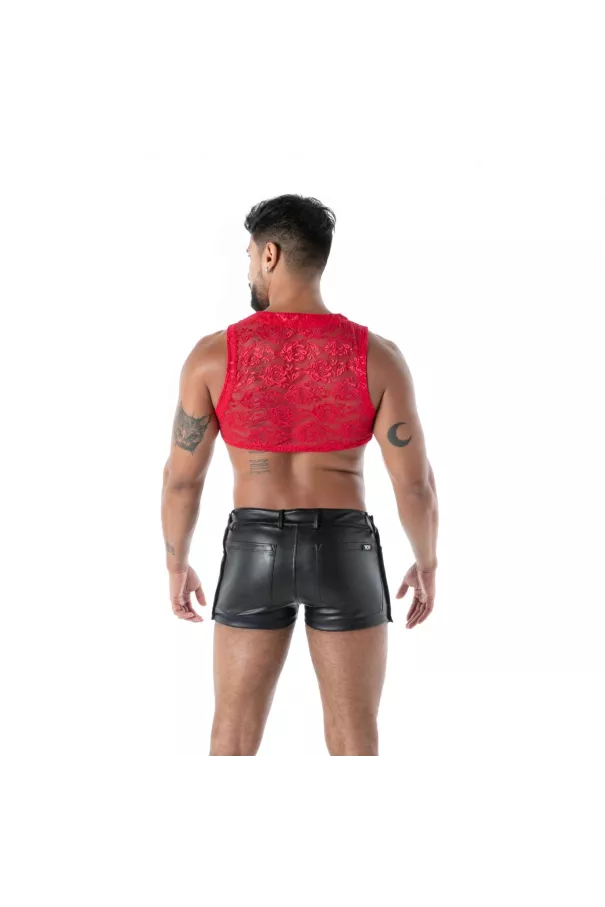 Crop Top Zippé en Dentelle Fluide Rouge