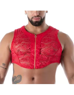 Crop Top Zippé en Dentelle Fluide Rouge