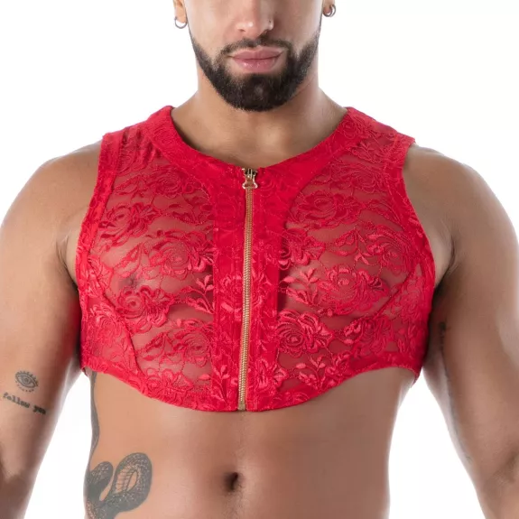 Fluid Lace Zipped Crop Top Red