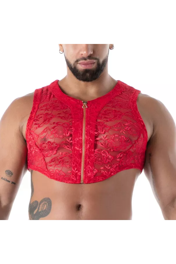 Crop Top Zippé en Dentelle Fluide Rouge