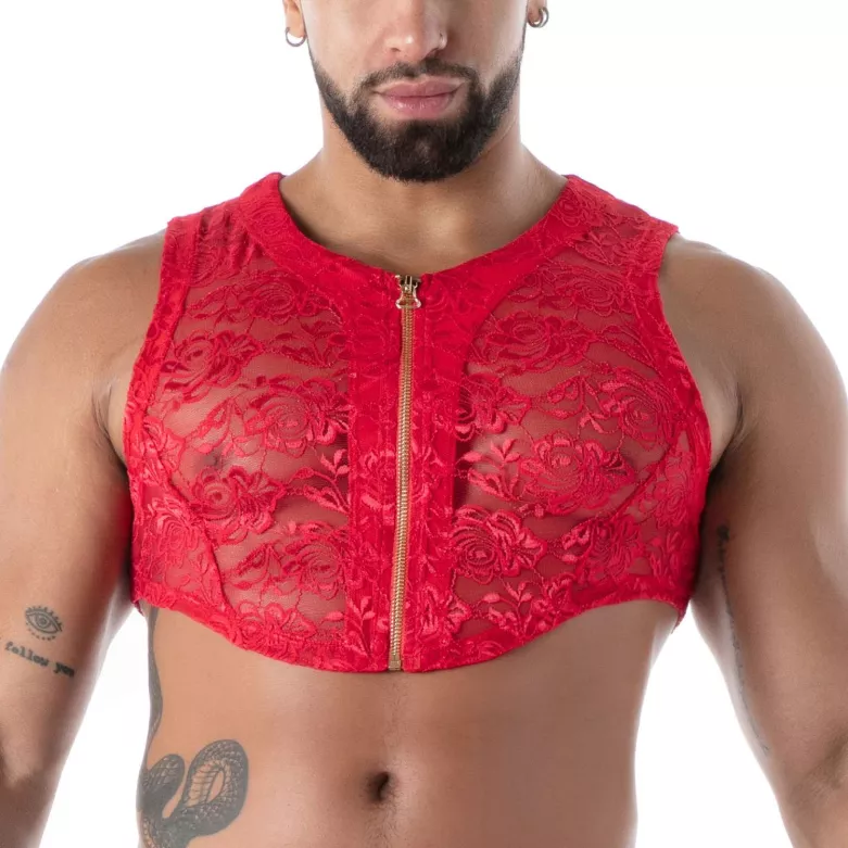 Fluid Lace Zipped Crop top Red
