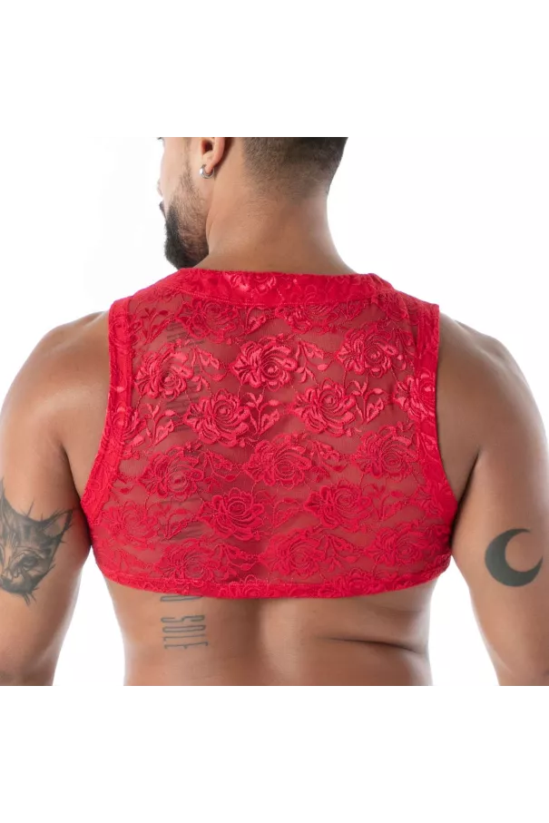 Crop Top Zippé en Dentelle Fluide Rouge