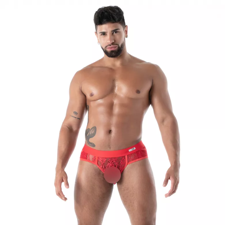 Slip à poche en dentelle rouge pour homme