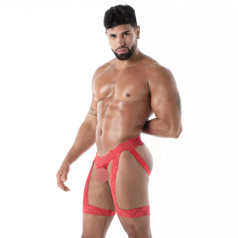 Men with a fluid lace jock chaps red
