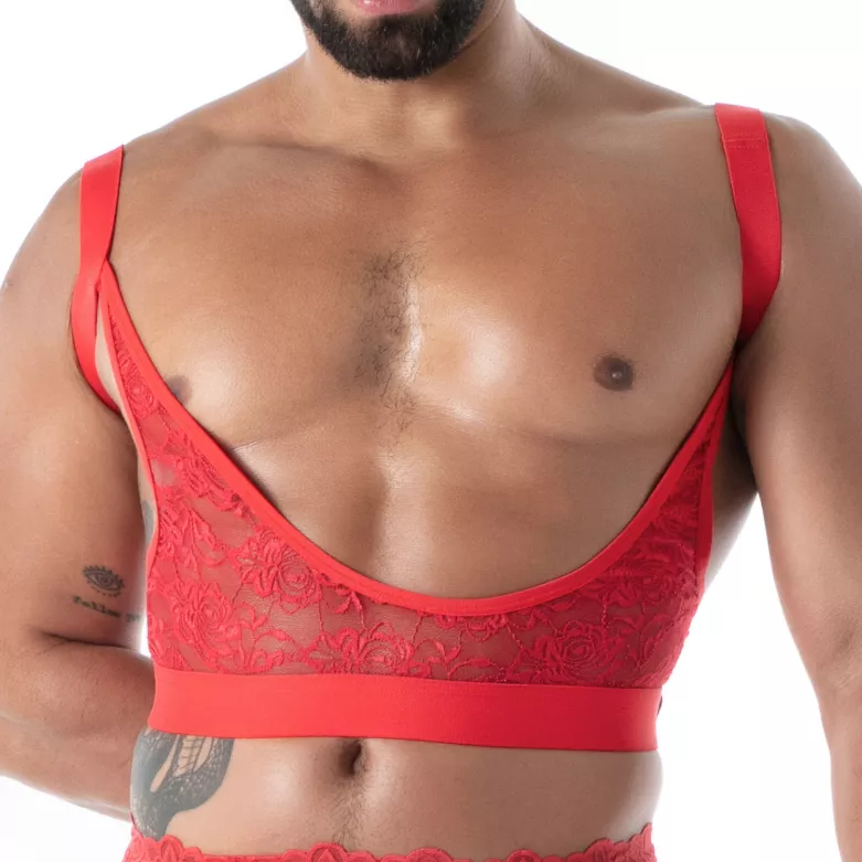 The fluid lace garter strap red in crop top