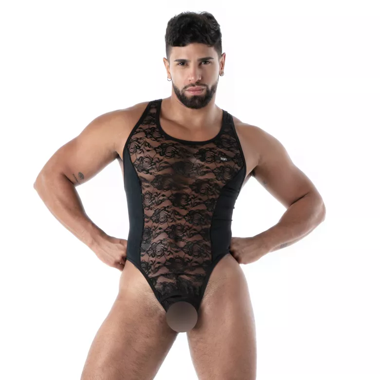 body string en dentelle noir pour homme