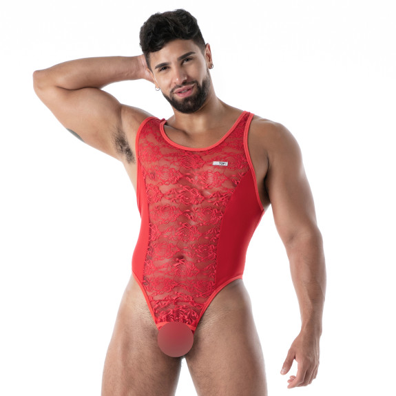 body string en dentelle rouge pour homme