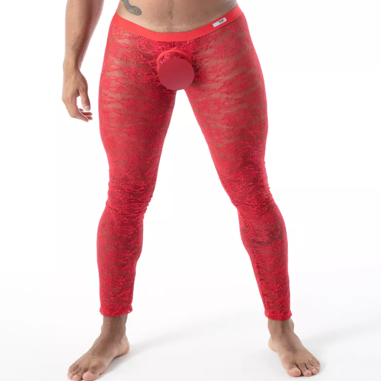 Legging ouvert en dentelle rouge de face zoom produit