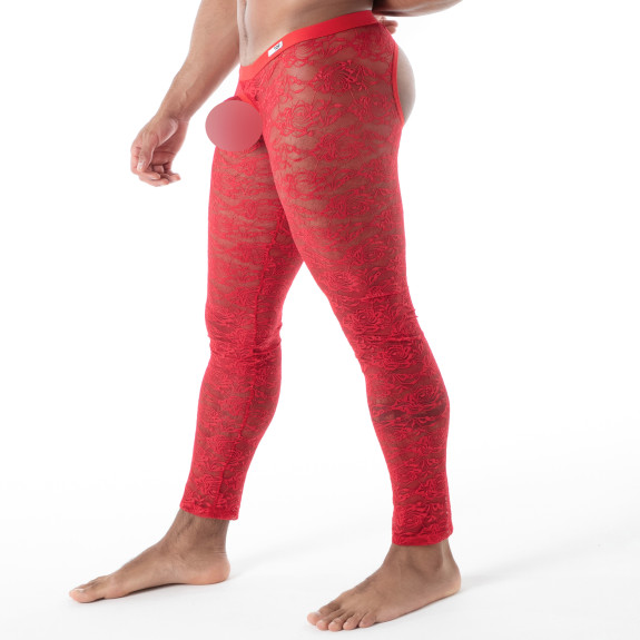 Legging ouvert en dentelle rouge de profil