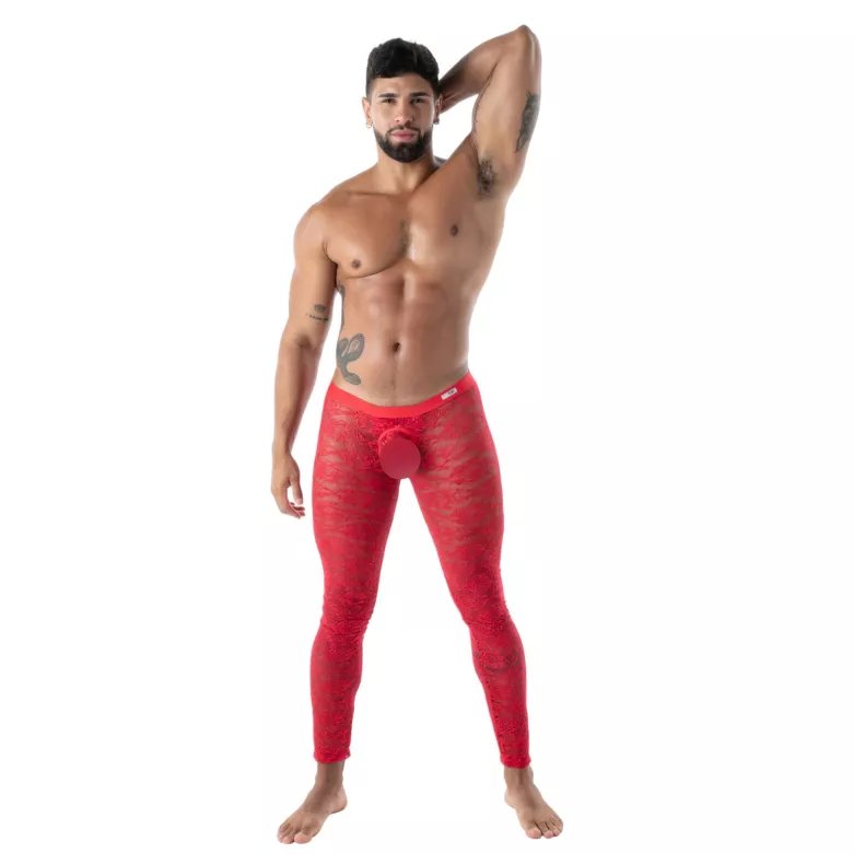 Legging ouvert en dentelle rouge de face