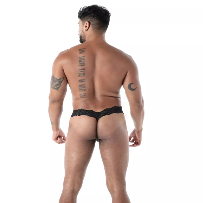 Le string ultra en dentelle fluide noire pour homme