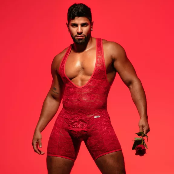 Body De Lutte Ouvert Avec Poche En Dentelle Rouge