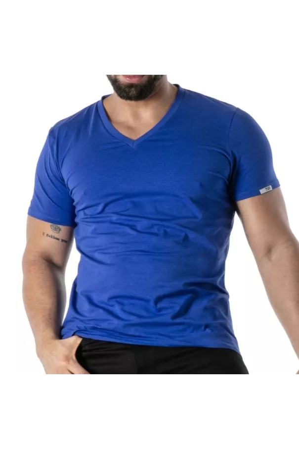 T-Shirt Coloré à Col V Bleu - Men's Casual Fashion | TOF Paris