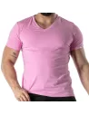 T-Shirt Coloré à Col V Rose