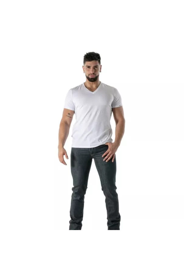 T-Shirt Coloré à Col V Blanc - T-shirts homme casual haut de gamme | TOF Paris