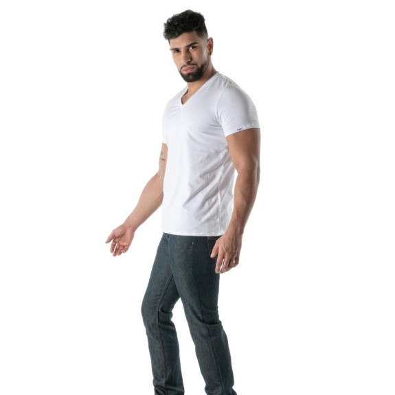 T-Shirt Coloré à Col V Blanc