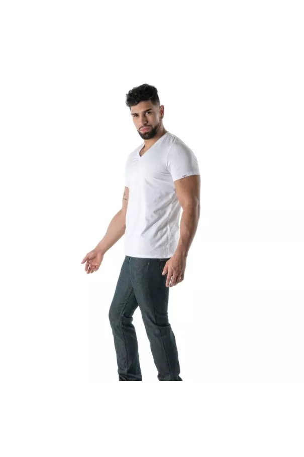 T-Shirt Coloré à Col V Blanc - T-shirts homme casual haut de gamme | TOF Paris