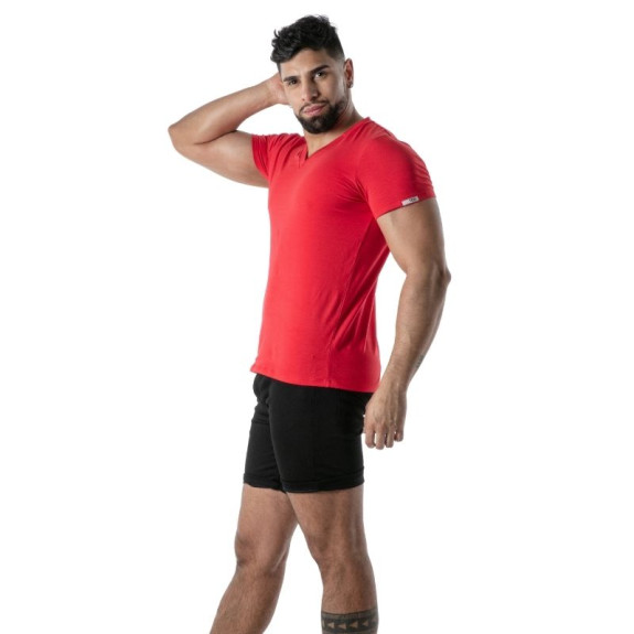 T-Shirt Coloré à Col V Rouge