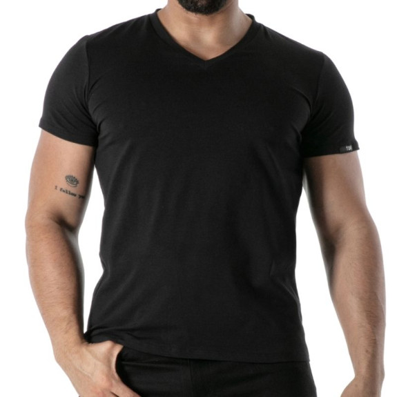 T-Shirt Coloré à Col V Noir