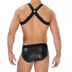 harnais pour homme noir de dos avec un slip en faux cuir noir