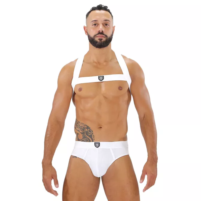harnais elastique pour homme avec un slip blanc