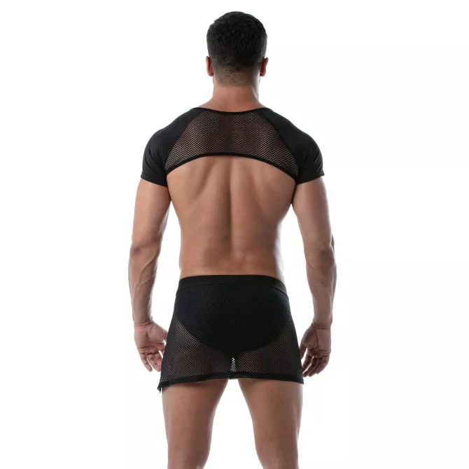 Men from back with a mesh black skirt