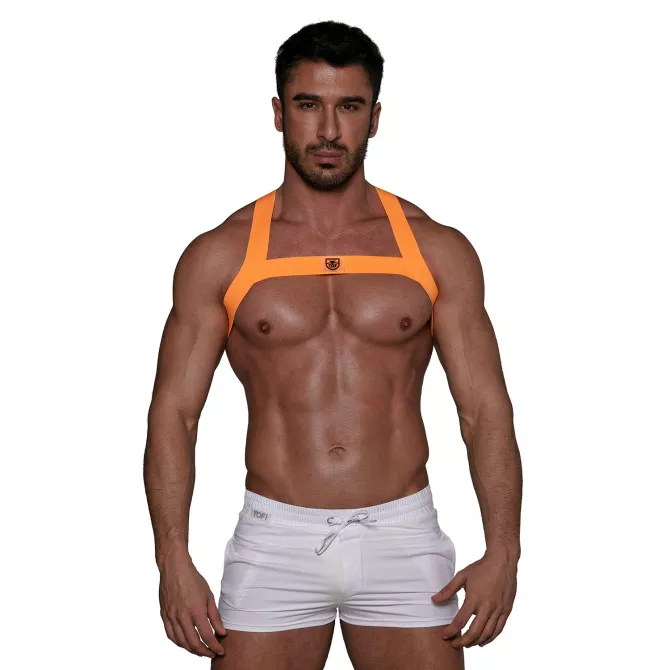 Fetish Harness Neon Orange with a sexy short white