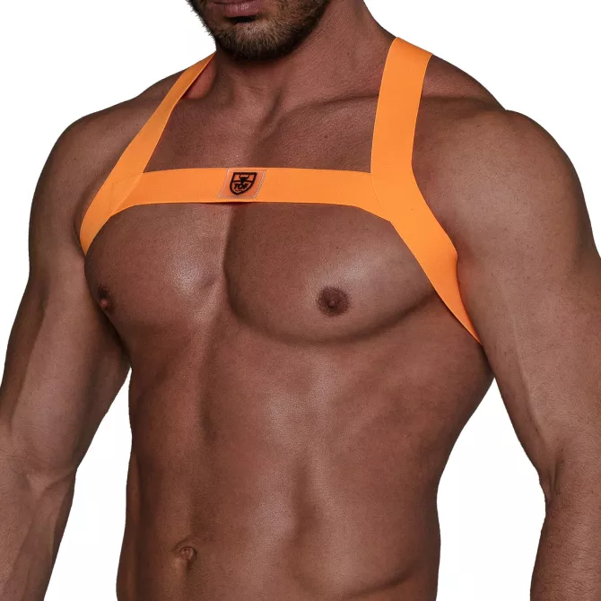 Fetish Harness Neon Orange from sideways with tof logo